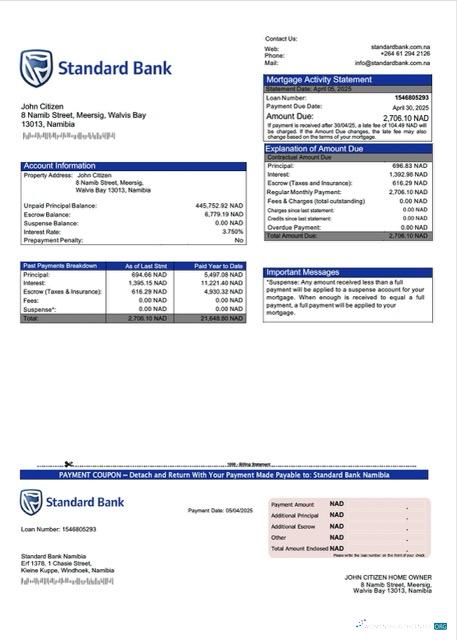 Download Namibia Standard Bank Namibia mortgage statement Word and PDF template Photoshop template
